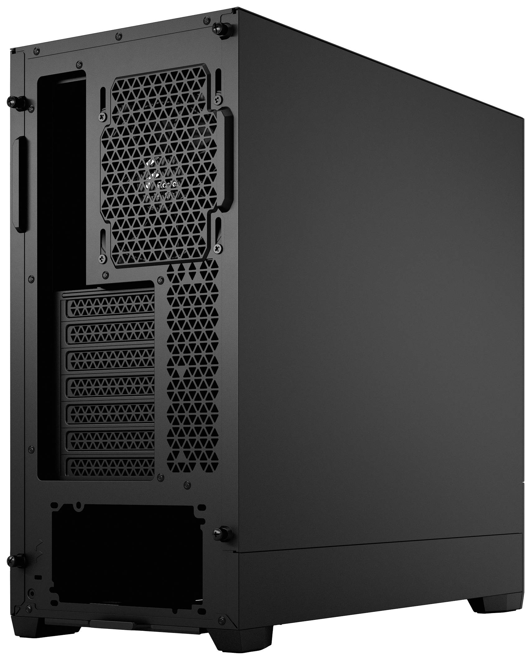 Ein schwarzes Computergehäuse von hinten, ohne sichtbare Anschlüsse oder Komponenten.