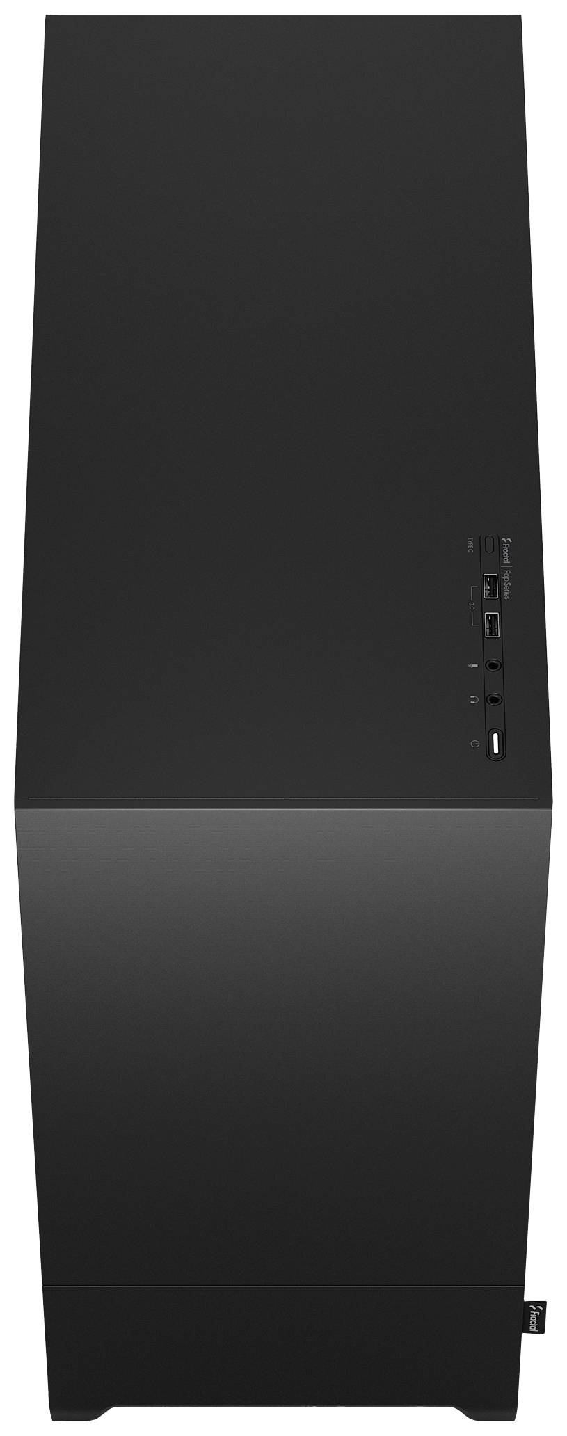 Schwarzer Computer-Tower mit glatter Oberfläche, zeigt die Oberseite mit mehreren Anschlussmöglichkeiten und Bedienelementen.