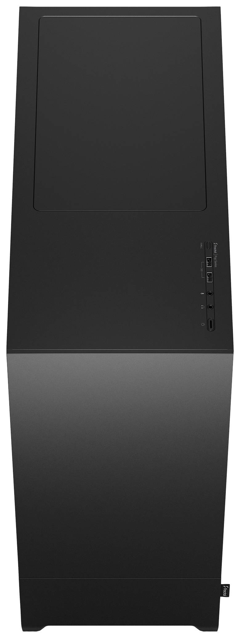 Schwarzes PC-Gehäuse mit minimalistischem Design. Oben rechts befinden sich USB-Anschlüsse und ein Ein-/Ausschalter.