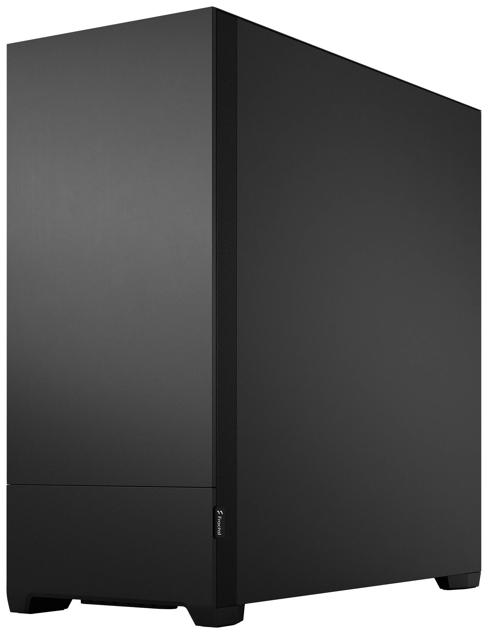 Ein schwarzes Computergehäuse mit schlichtem Design und glatter Oberfläche, stehend auf kurzen Füßen, ohne sichtbare Anschlüsse oder Knöpfe.