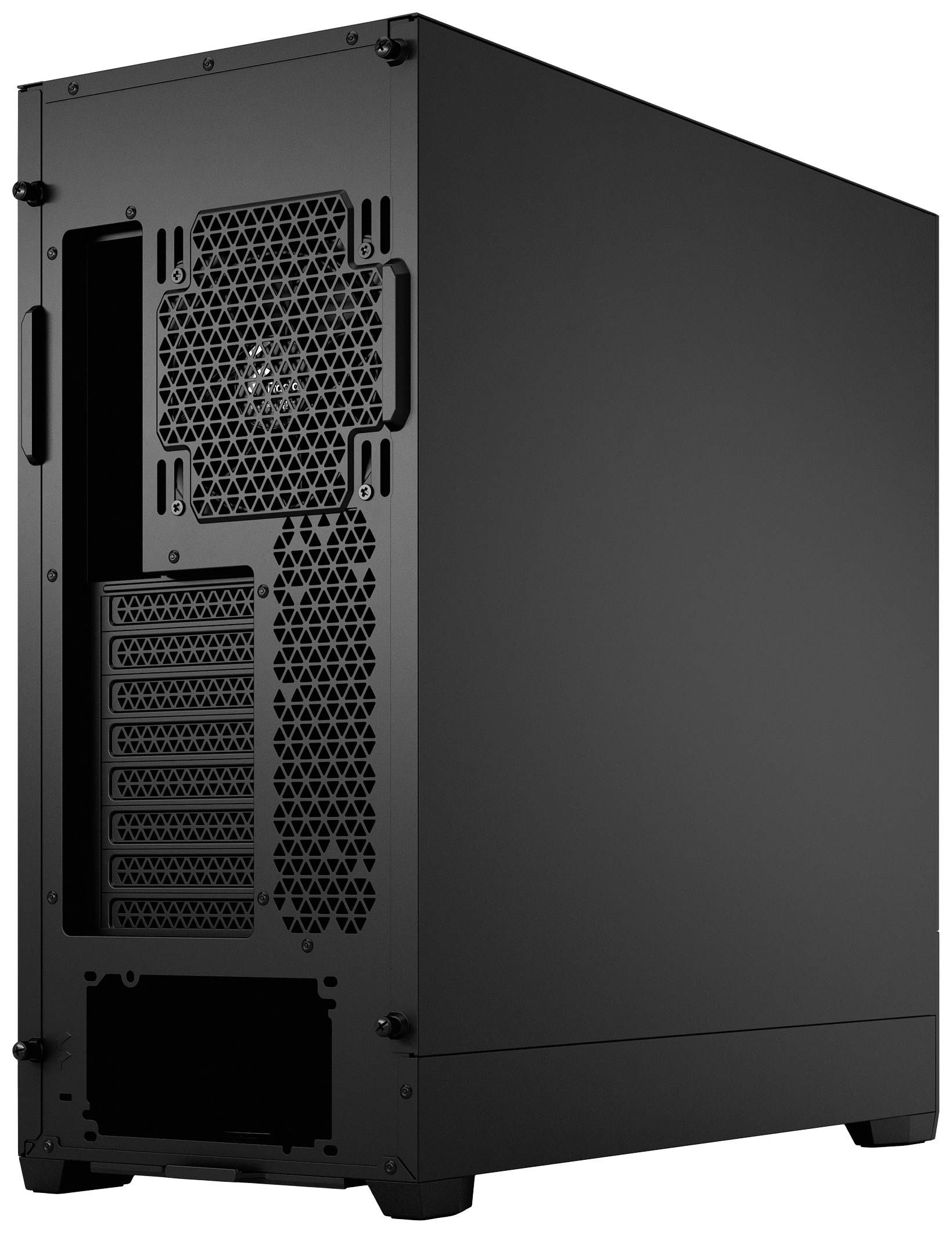 Schwarzes Computergehäuse von hinten, zeigt Lüftungsgitter und Erweiterungssteckplätze, geeignet für individuelle PC-Bauprojekte.