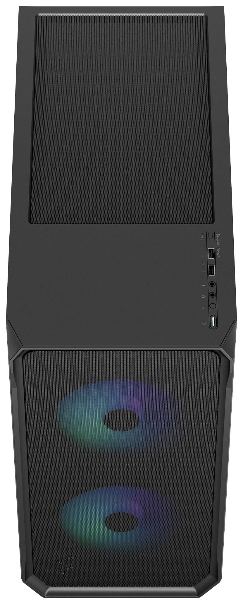 Ein schwarzes Computergehäuse mit zwei leuchtenden Lüftern vorne. Auf der Oberseite befinden sich mehrere Anschlüsse und ein Einschaltknopf.