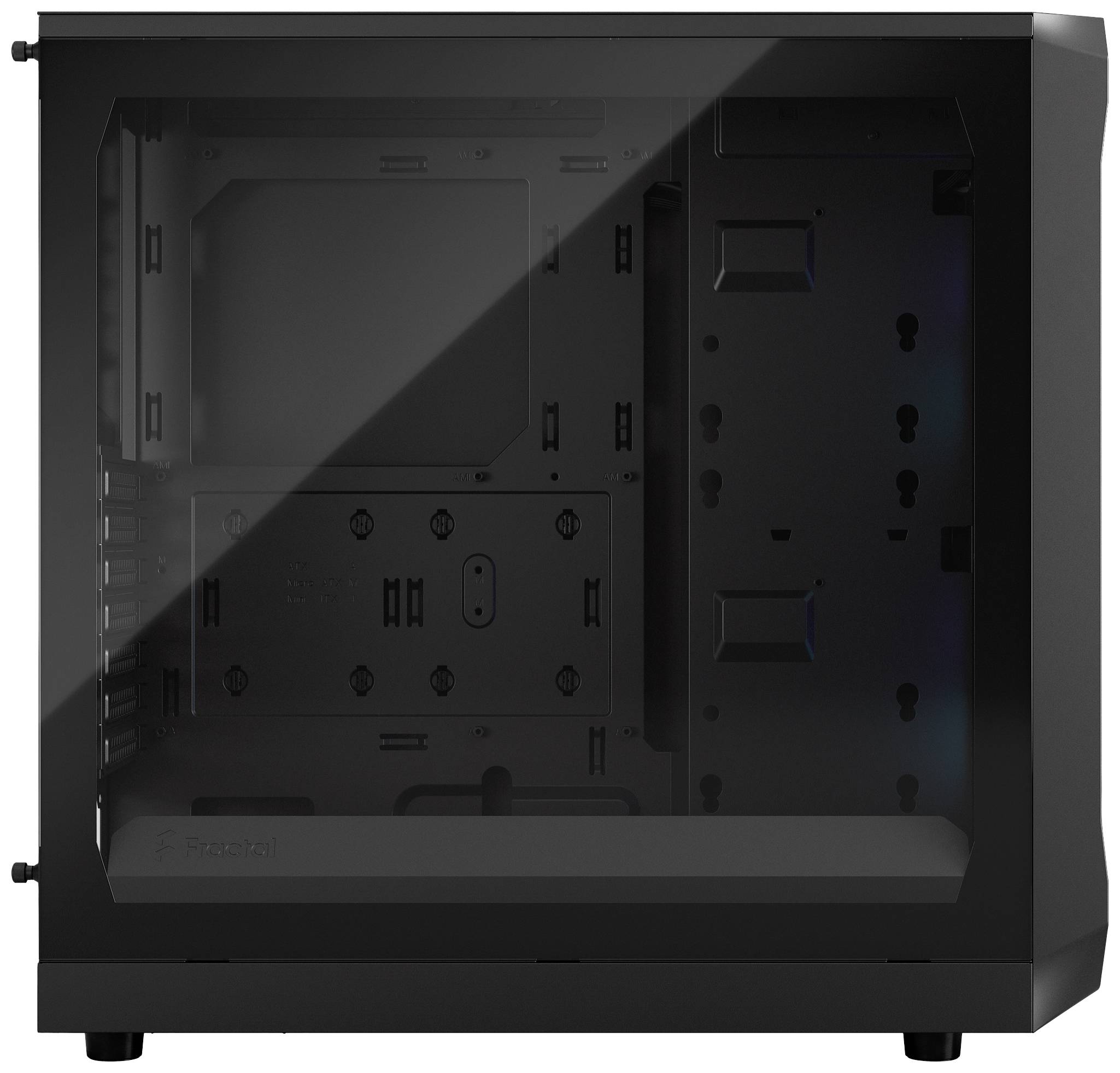 Schwarzes Computergehäuse mit transparentem Seitenfenster. Zeigt leere Innenräume zur Montage von Hardware-Komponenten.