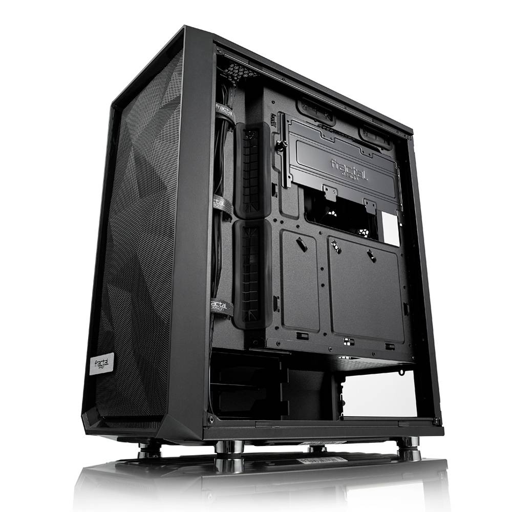 Schwarzes PC-Gehäuse mit transparentem Seitenteil, sichtbarem Innenraum und Lüfterplatz, geeignet für Computerzusammenbau und Belüftung.