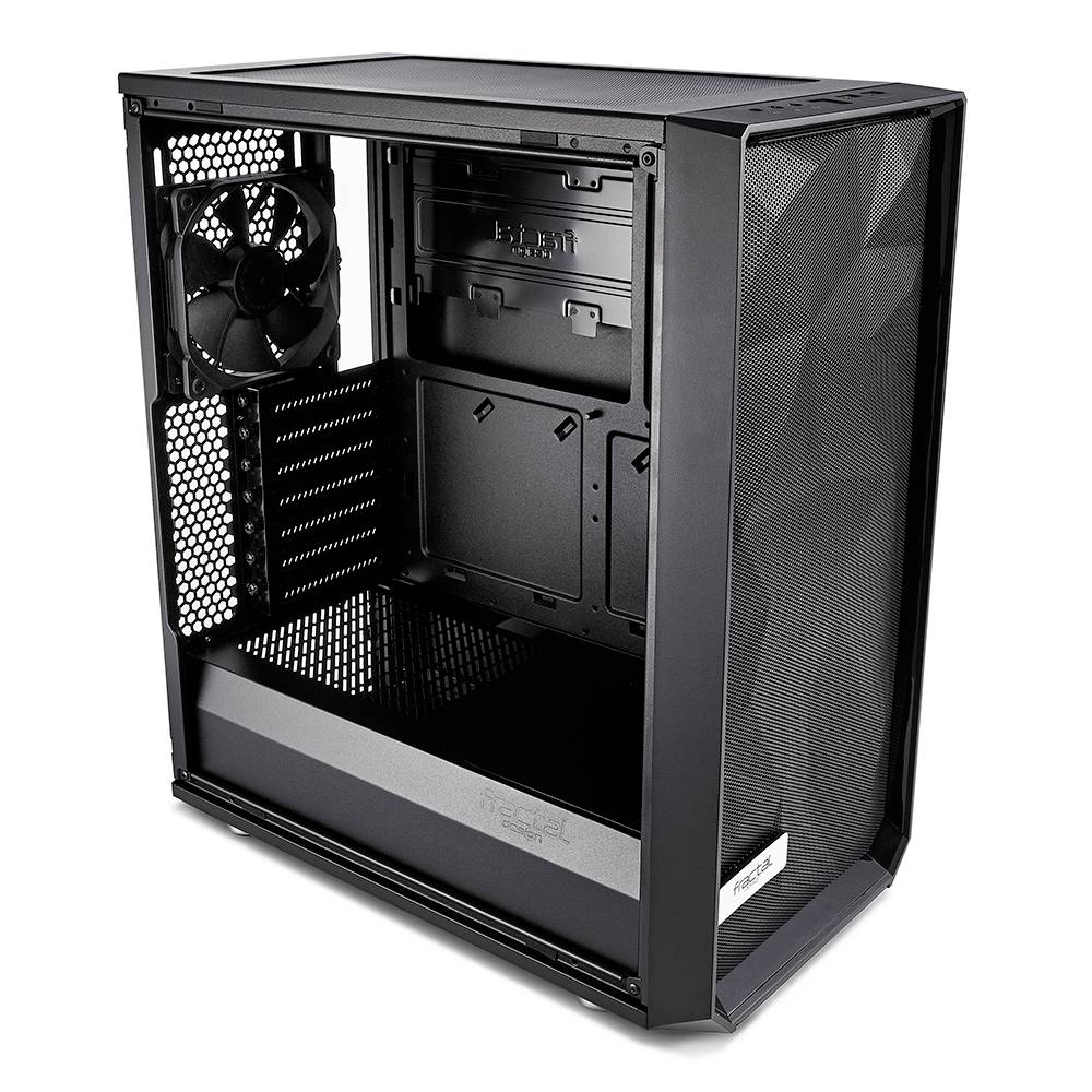 Fractal Design PC-Gehäuse, geöffnet, zeigt den Innenraum mit Lüfter und Schlitzen für Komponenteninstallation.