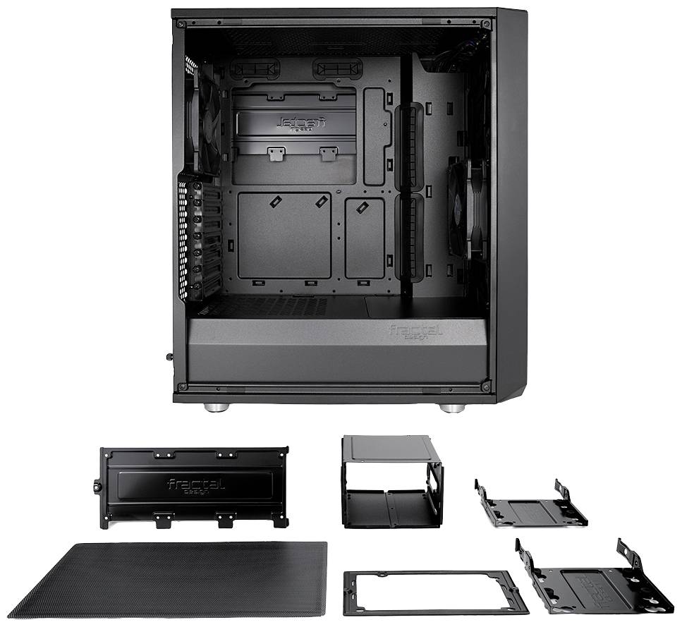 Ein schwarzes Computergehäuse mit offenem Seitenpanel, zeigt internen Aufbau. Daneben liegen abnehmbare Ablagen und Halterungen.