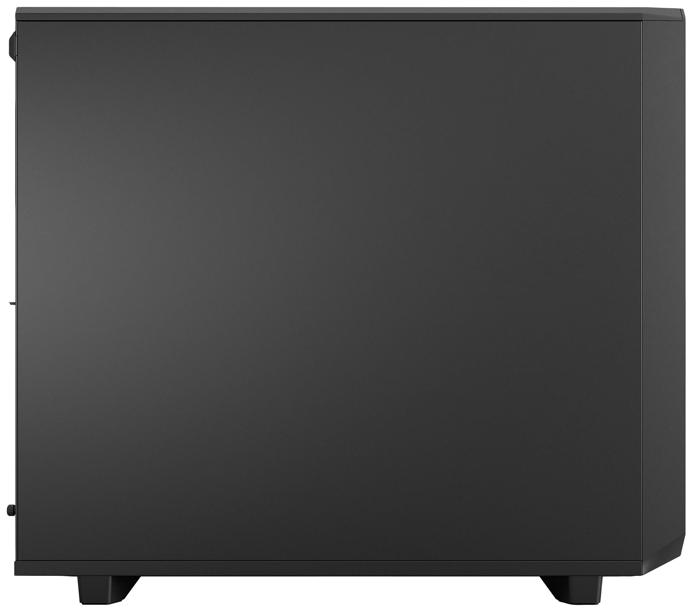 Ein schwarzes Computergehäuse steht aufrecht auf dem Boden. Es hat ein schlichtes, glattes Design ohne sichtbare Details oder Logos.