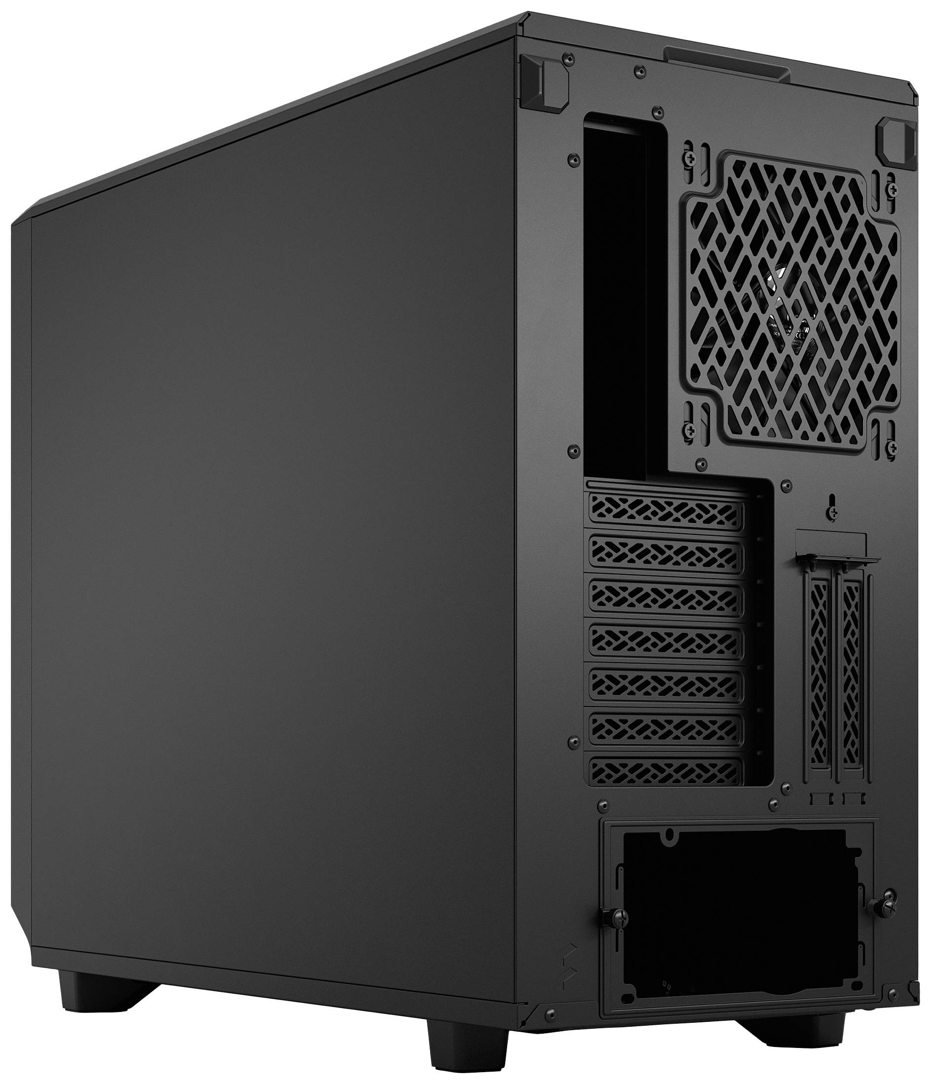 Ein schwarzes Computergehäuse von hinten. Es zeigt mehrere Belüftungsöffnungen und Erweiterungsslots.