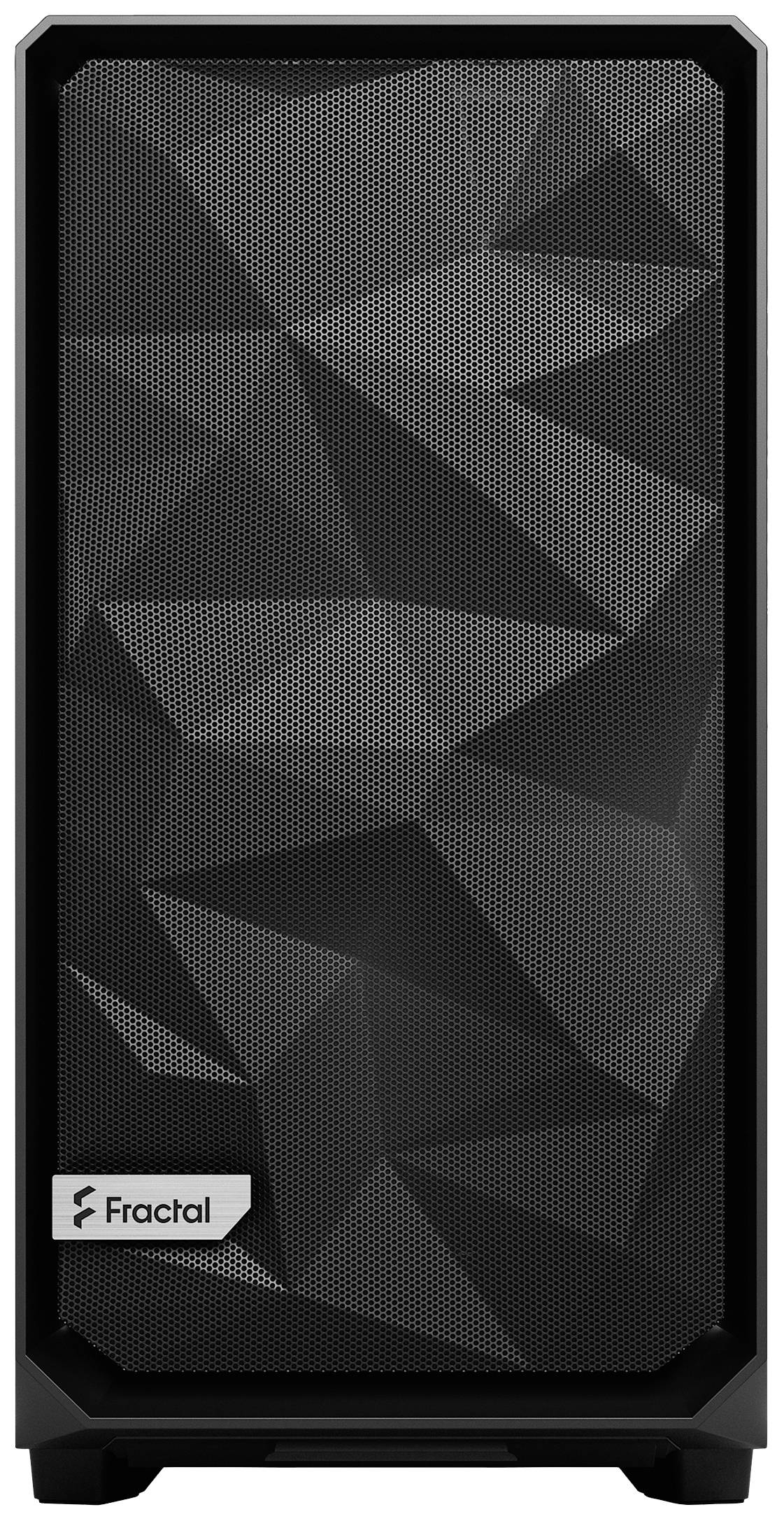 Schwarzes Computergehäuse mit geometrischem Design auf der Front, Markenaufdruck 'Fractal' unten links.