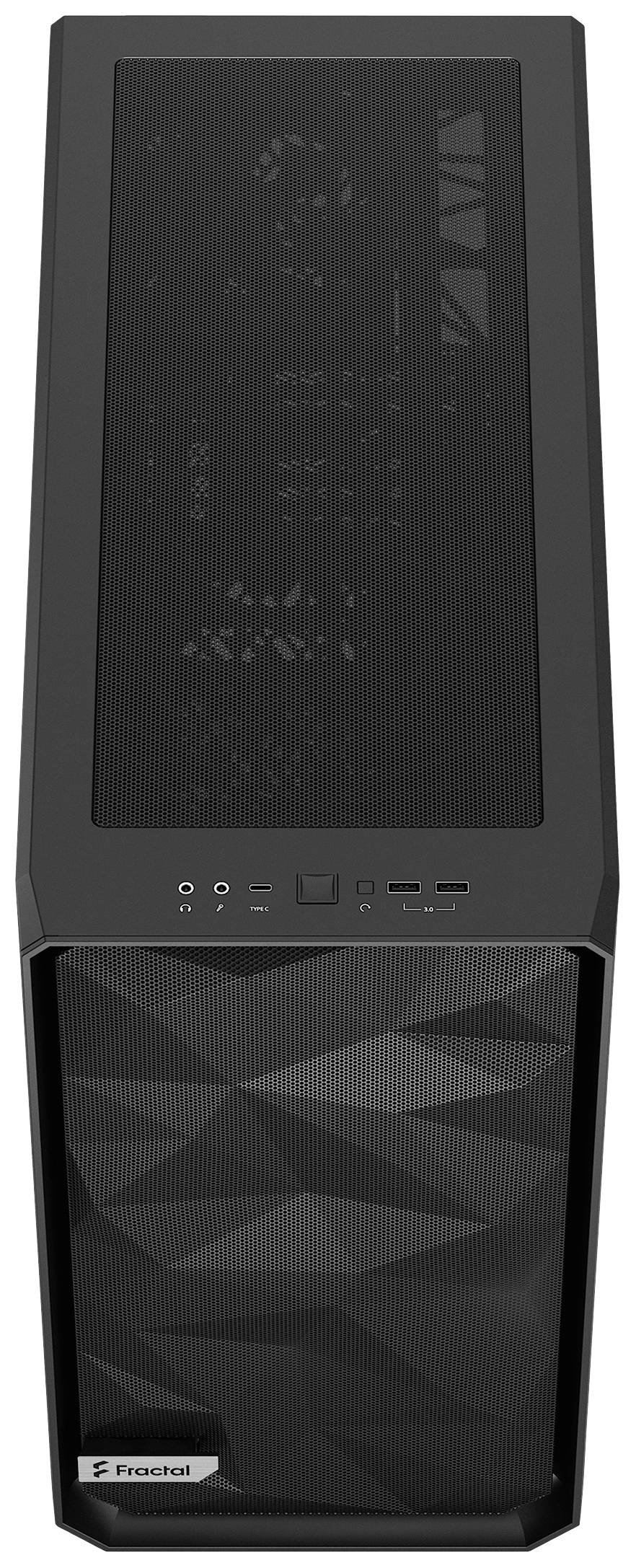 Ein schwarzes Computergehäuse mit einem Netzoberteil und einem markanten Frontmuster. Auf der Frontseite befindet sich ein Markenlogo.