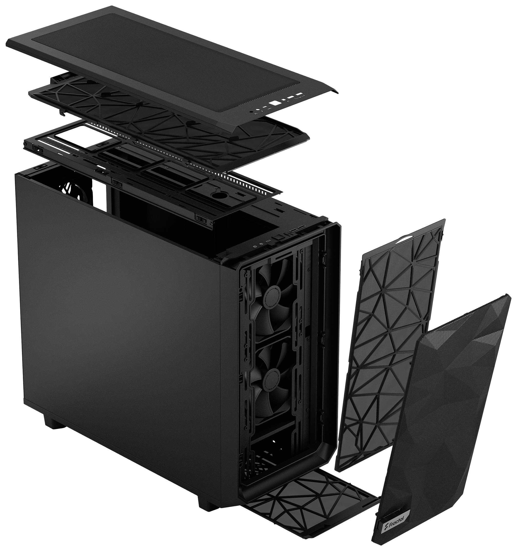 Explosionsansicht eines Computergehäuses mit abnehmbaren Paneelen und Lüftern im Inneren, zeigt Lüftung und Struktur.