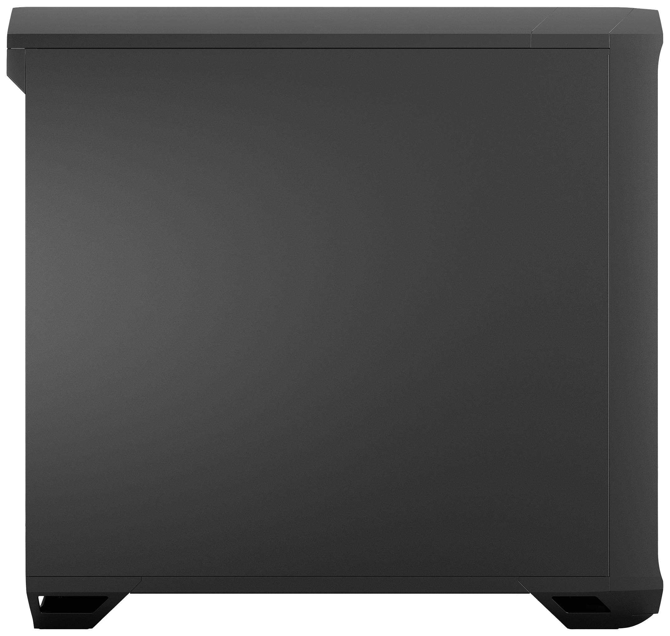 Schwarzes Computergehäuse seitlich, ohne sichtbare Marken oder Logos, auf Füßen stehend.