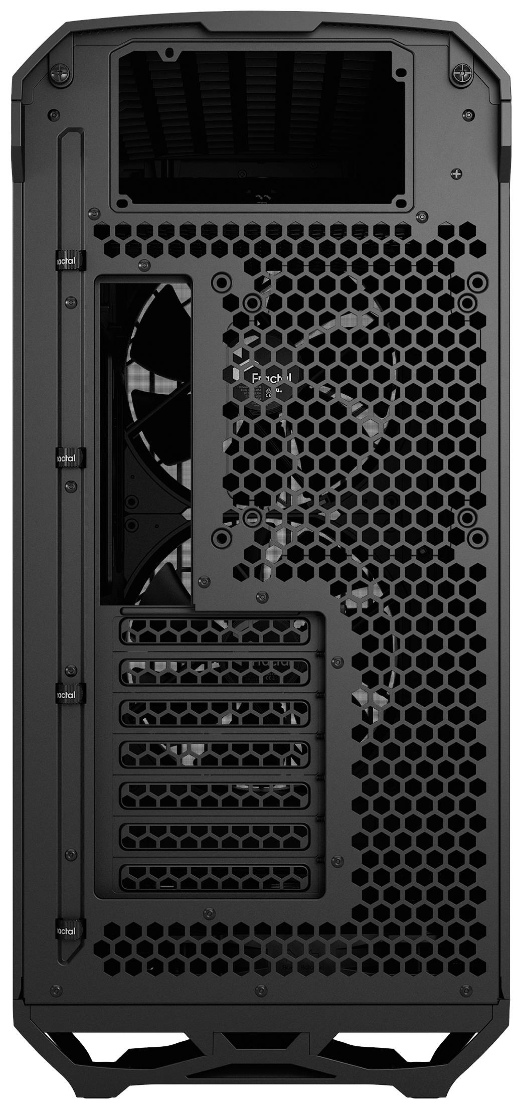 Rückseite eines Computergehäuses mit Lüftungsgitter und mehreren Steckplatzöffnungen.