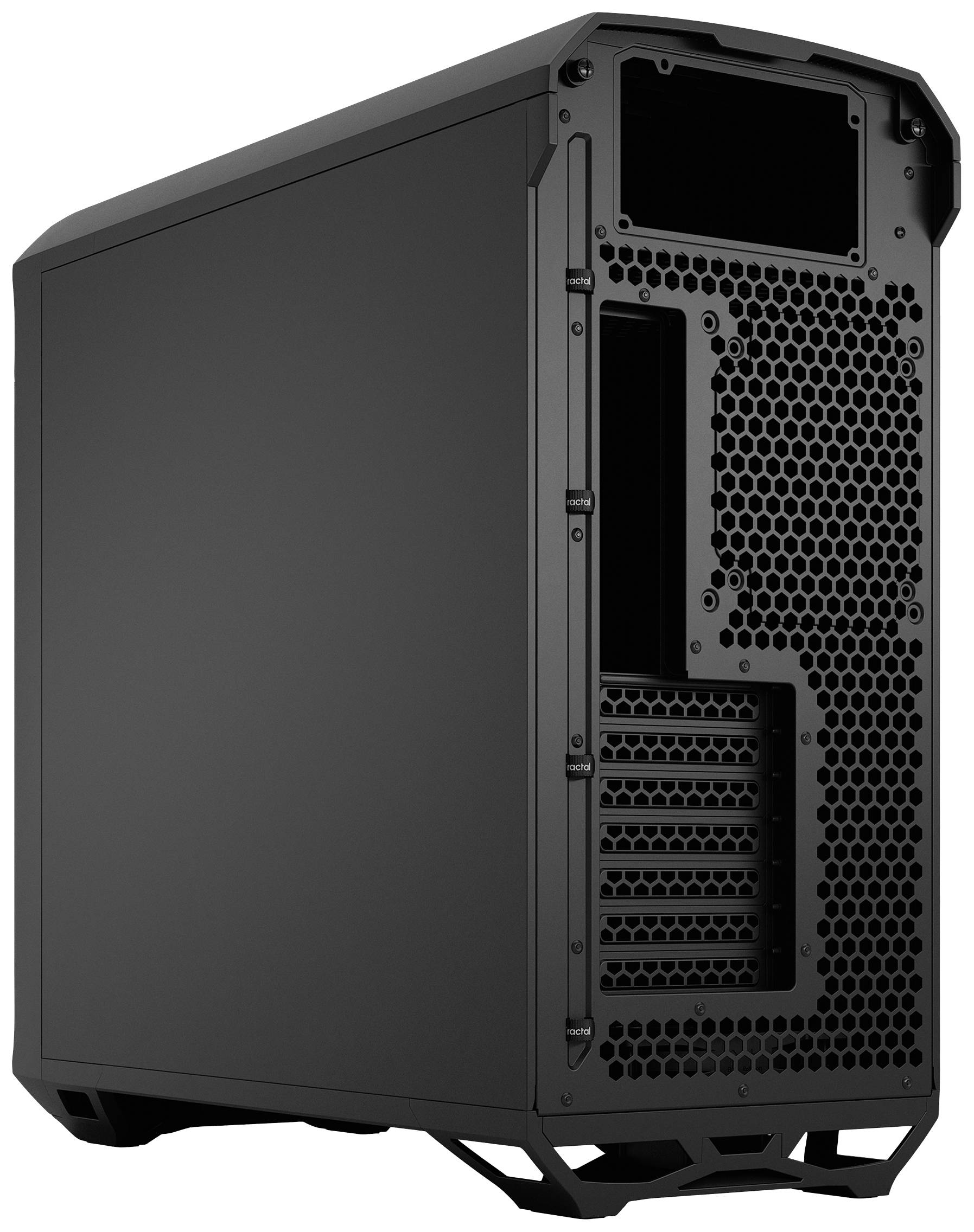 Schwarzes Computergehäuse aus Metall mit offenem Design an der Rückseite, ohne sichtbare Komponenten oder Anschlüsse.