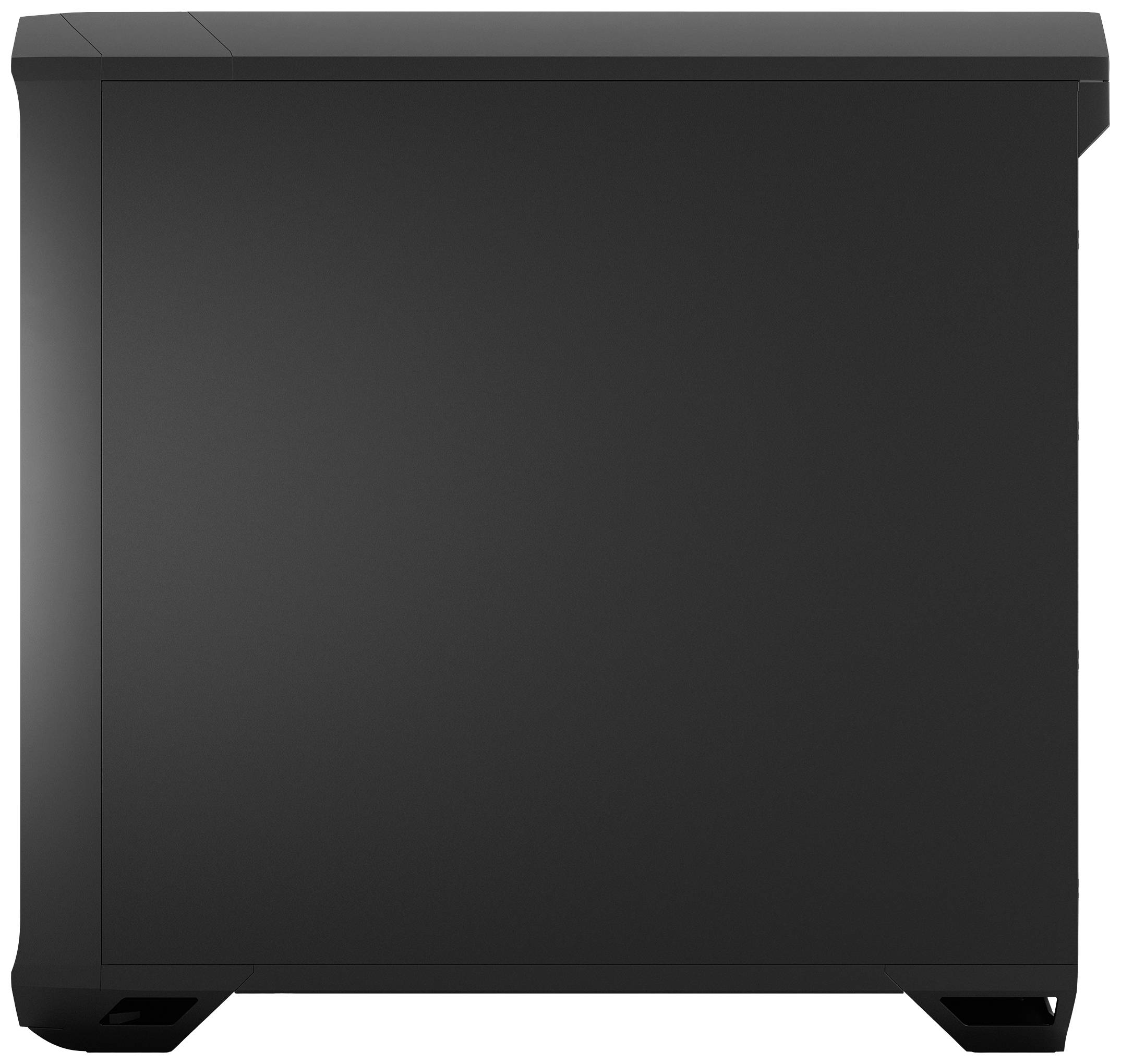 Ein schwarzes Computergehäuse mit schlichtem Design, ohne sichtbare Merkmale auf der linken Seitenansicht.