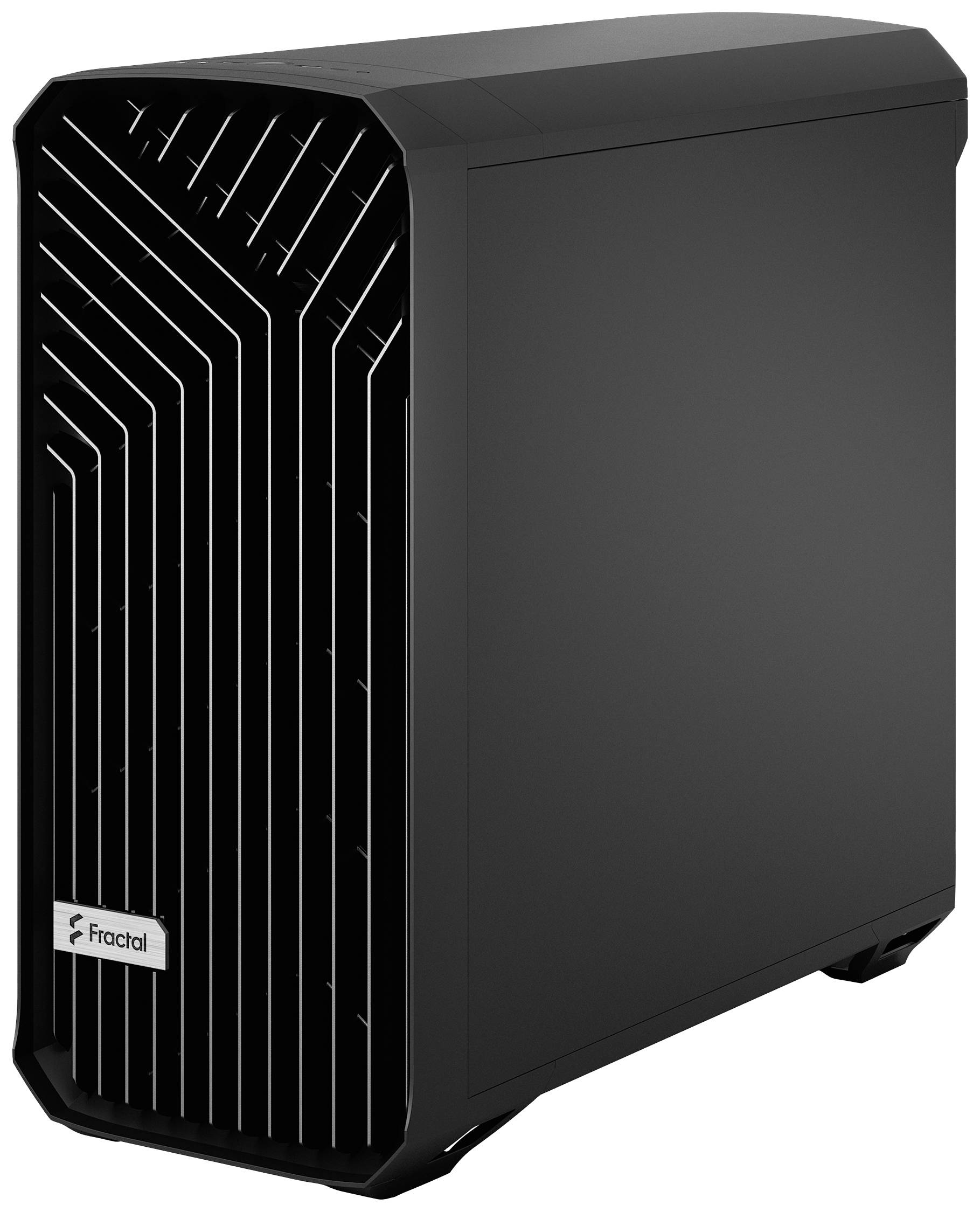 Schwarzes Computergehäuse mit geradlinigem, geometrischem Frontdesign und Fractal-Logo unten links.