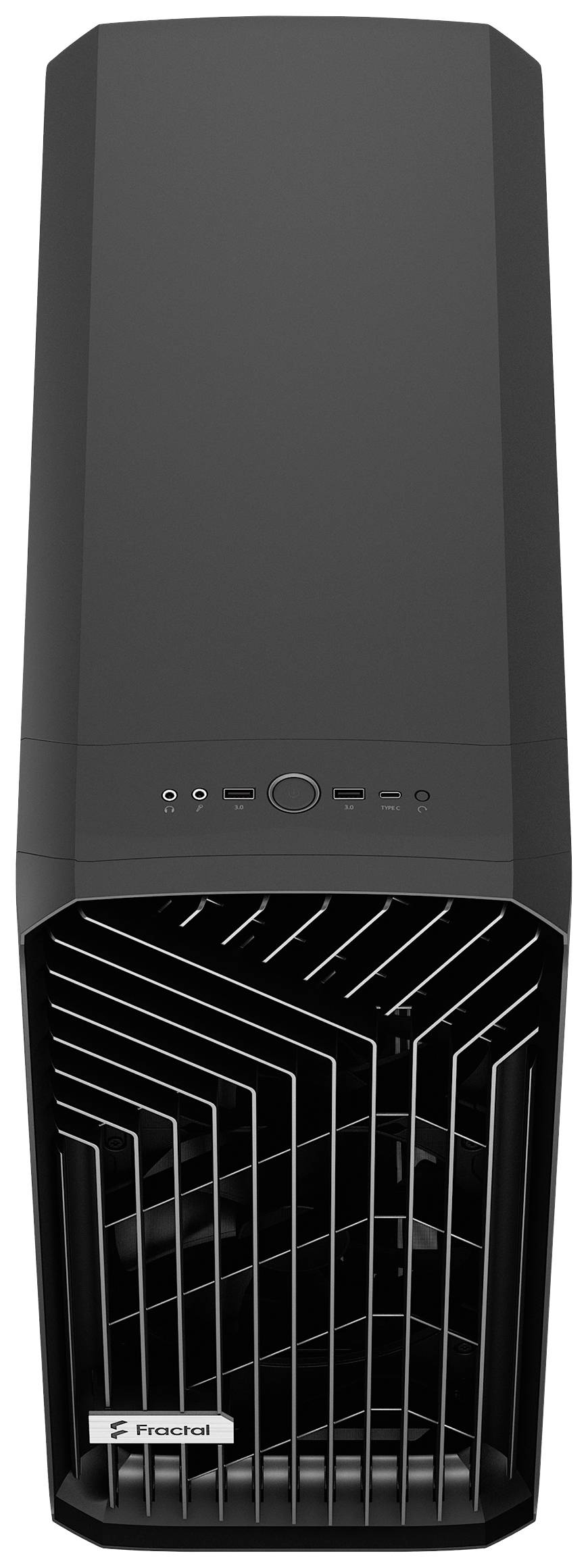 Schwarzes Computergehäuse mit modernem Design, vertikalen Lüftungsschlitzen und Firmenlogo auf der Vorderseite.