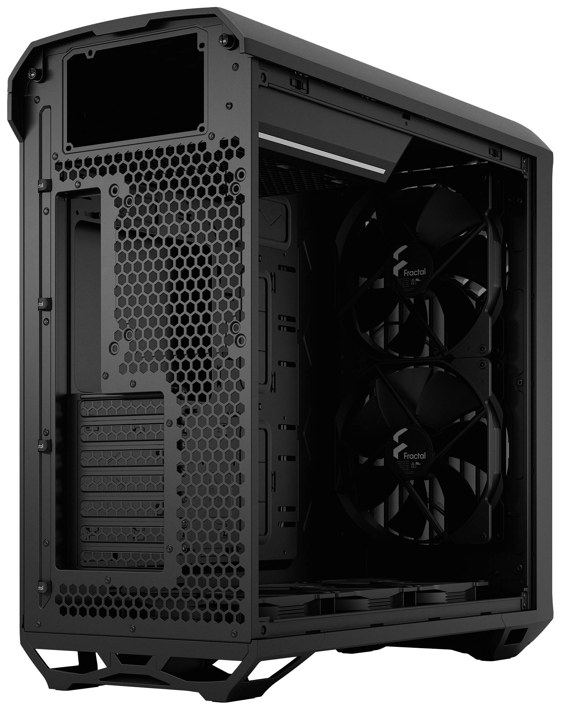 Schwarzes Computergehäuse mit offener Seitenwand. Sichtbar sind Lüfter und Gitter. Gehäuse ist leer, bereit für den Einbau von PC-Komponenten.