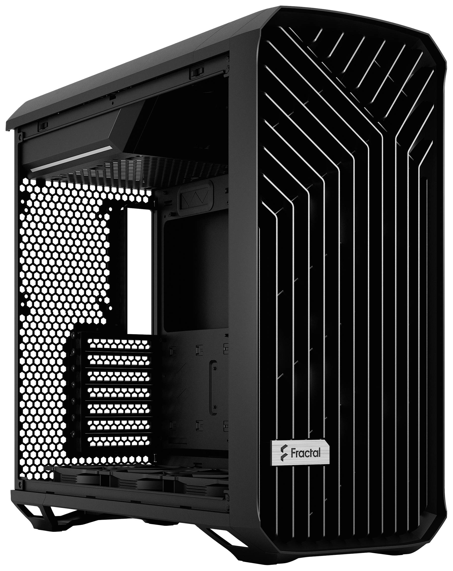 Ein schwarzes Computergehäuse mit modernem, offenem Design von Fractal. Geeignet für den Bau eines Desktop-PCs mit guter Luftzirkulation.