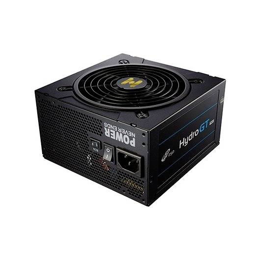 Das Bild zeigt eine schwarze Computer-Netzteil-Einheit mit der Aufschrift 'Hydro GT Pro'. Sie verfügt über einen Lüfter und verschiedene Anschlüsse.