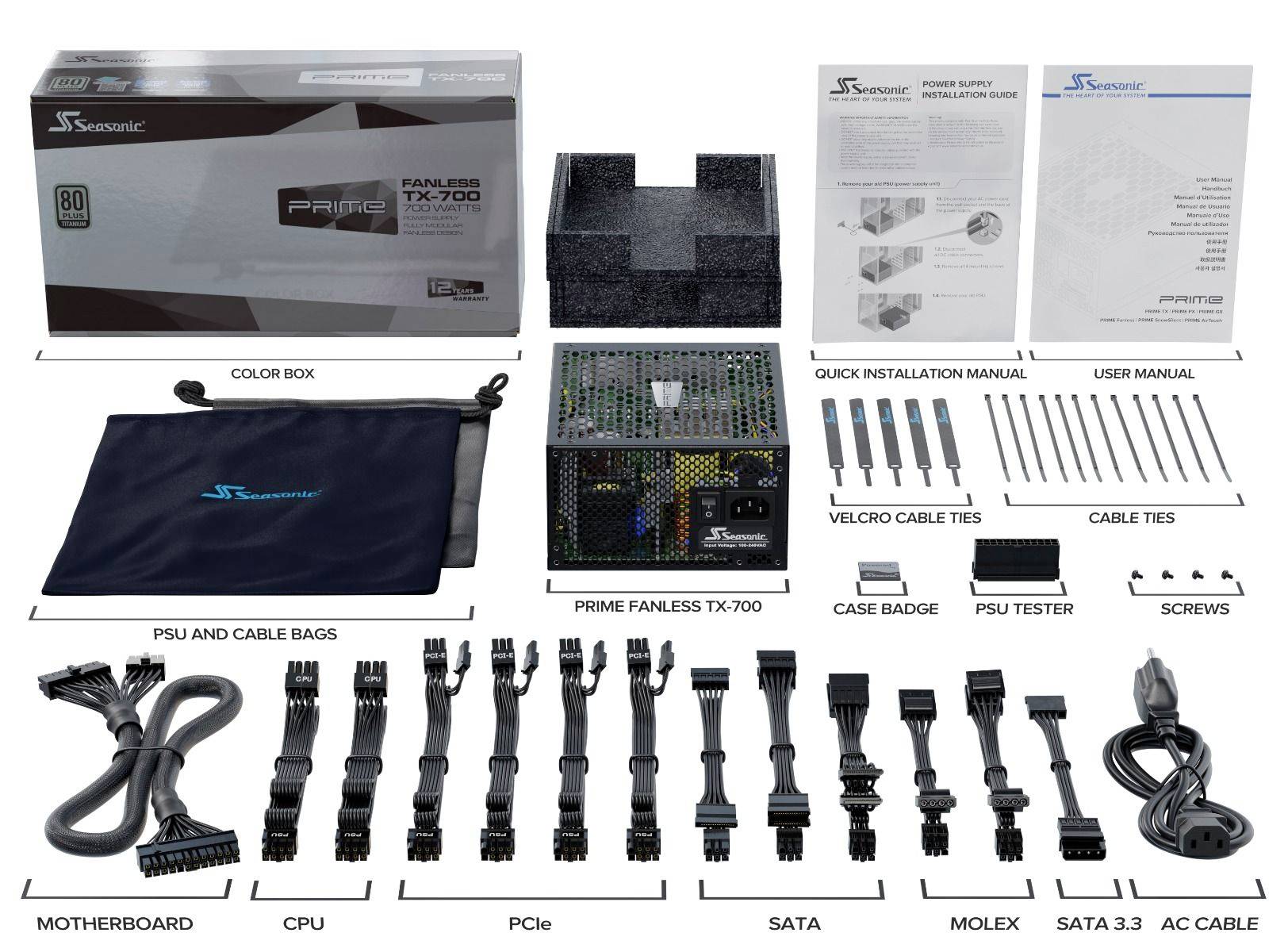 Das Bild zeigt den Inhalt eines Seasonic Prime Fanless TX-700 Netzteils, einschließlich Kabel, Handbuchen, Schrauben und Tester.