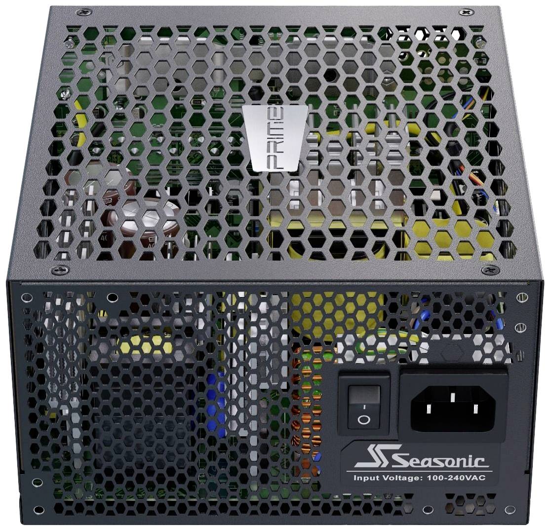 Schwarzes Seasonic Netzteil mit Lüftergitter und Eingangsstecker. Unterstützt Spannungen von 100-240VAC.