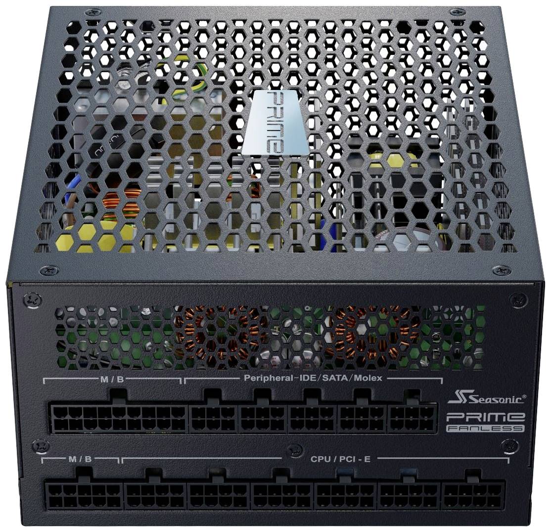 Schwarzes PC-Netzteil von Seasonic mit modularen Anschlüssen für Motherboard, CPU/PCI-E, Laufwerke und Peripheriegeräte.