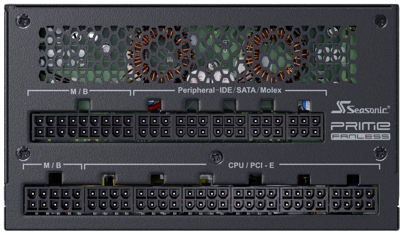 Das Bild zeigt die Rückseite eines Seasonic PRIME Fanless Netzteils mit mehreren Anschlussmöglichkeiten für M/B, CPU/PCI-E und IDE/SATA/Molex.