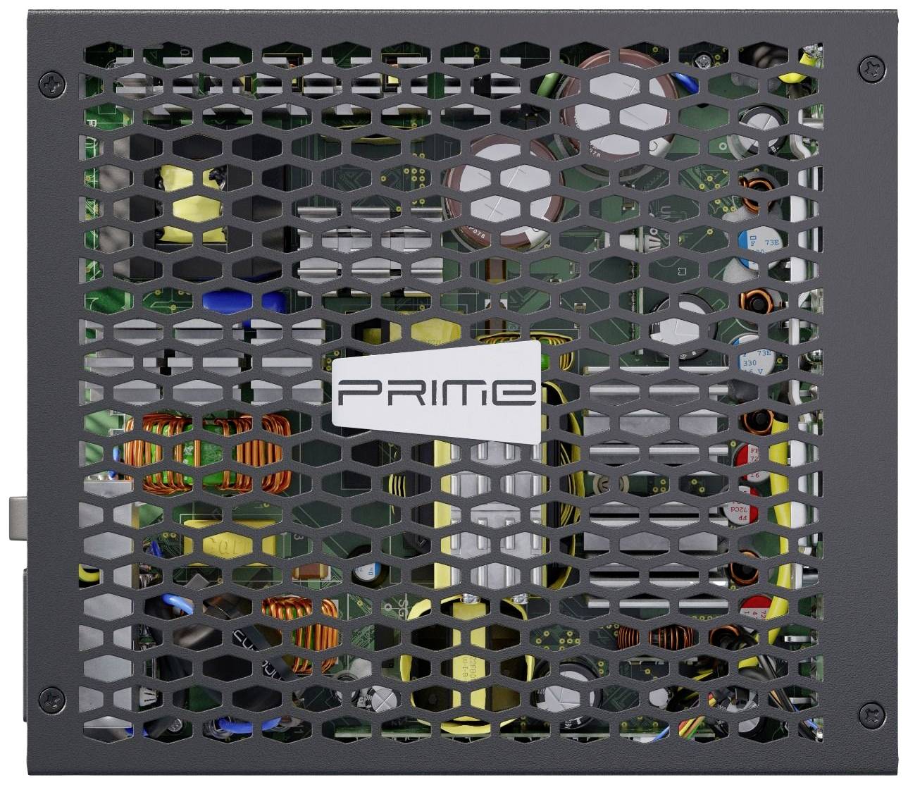 Netzteil mit sechseckigem Lüftungsgitter und sichtbaren elektronischen Bauteilen, einschließlich einer 'PRIME'-Markierung.