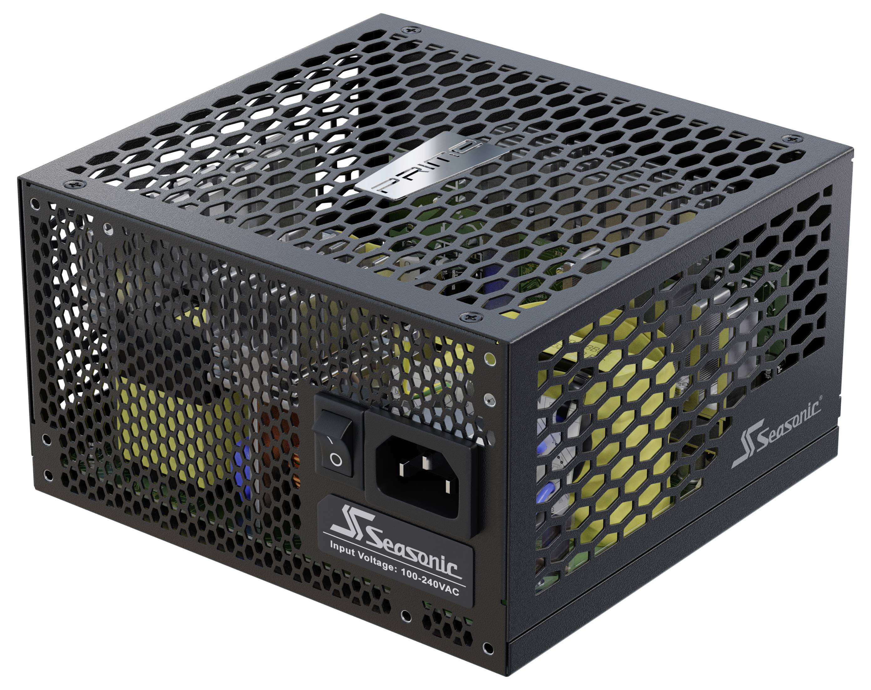 Schwarzes Seasonic-Computernetzteil mit Wabengitter aus Metall und AC-Stromanschluss auf der Vorderseite.