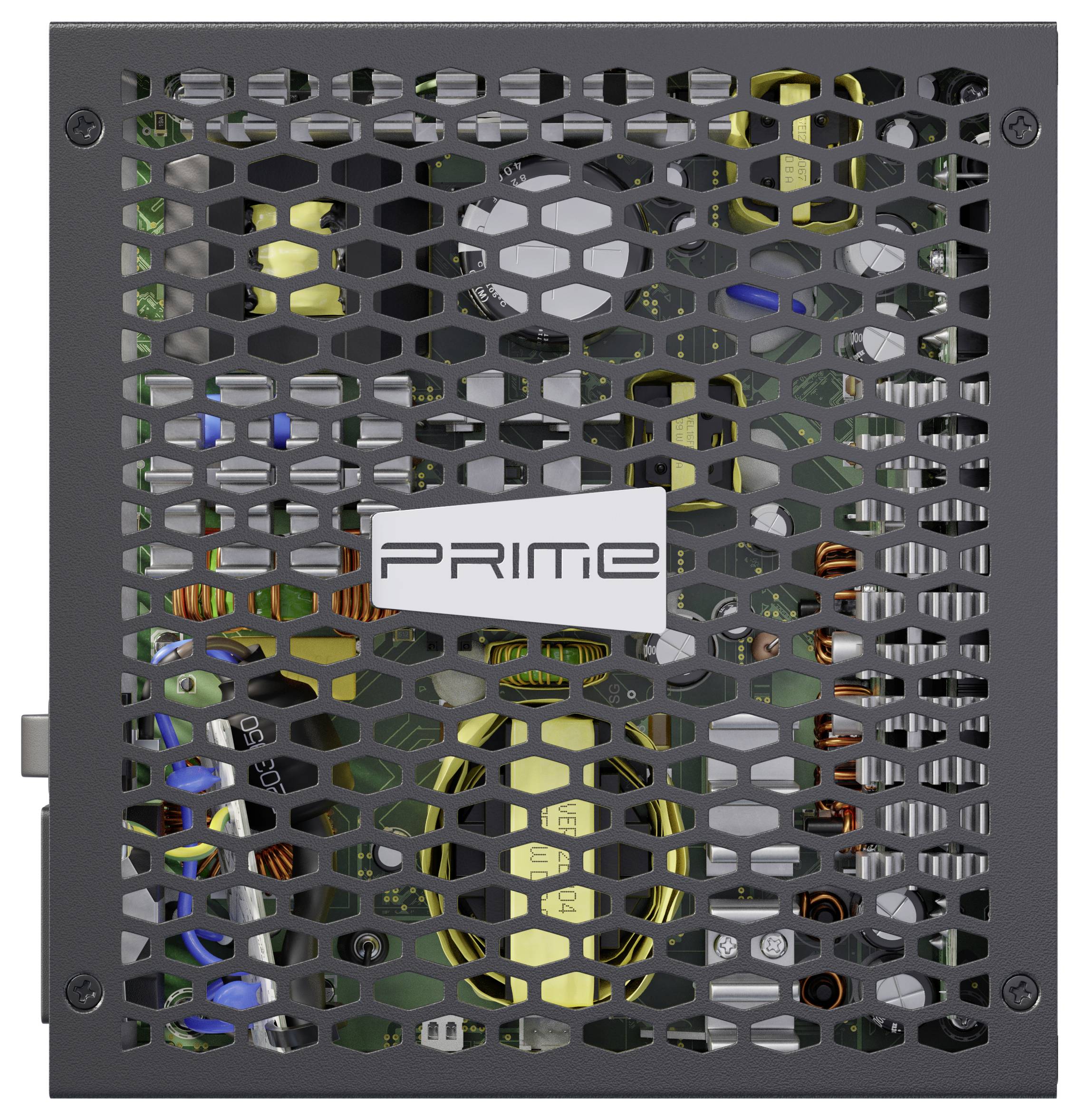 Nahaufnahme einer Stromversorgungseinheit für einen Computer hinter einem Wabenrost, mit der Bezeichnung „PRIME