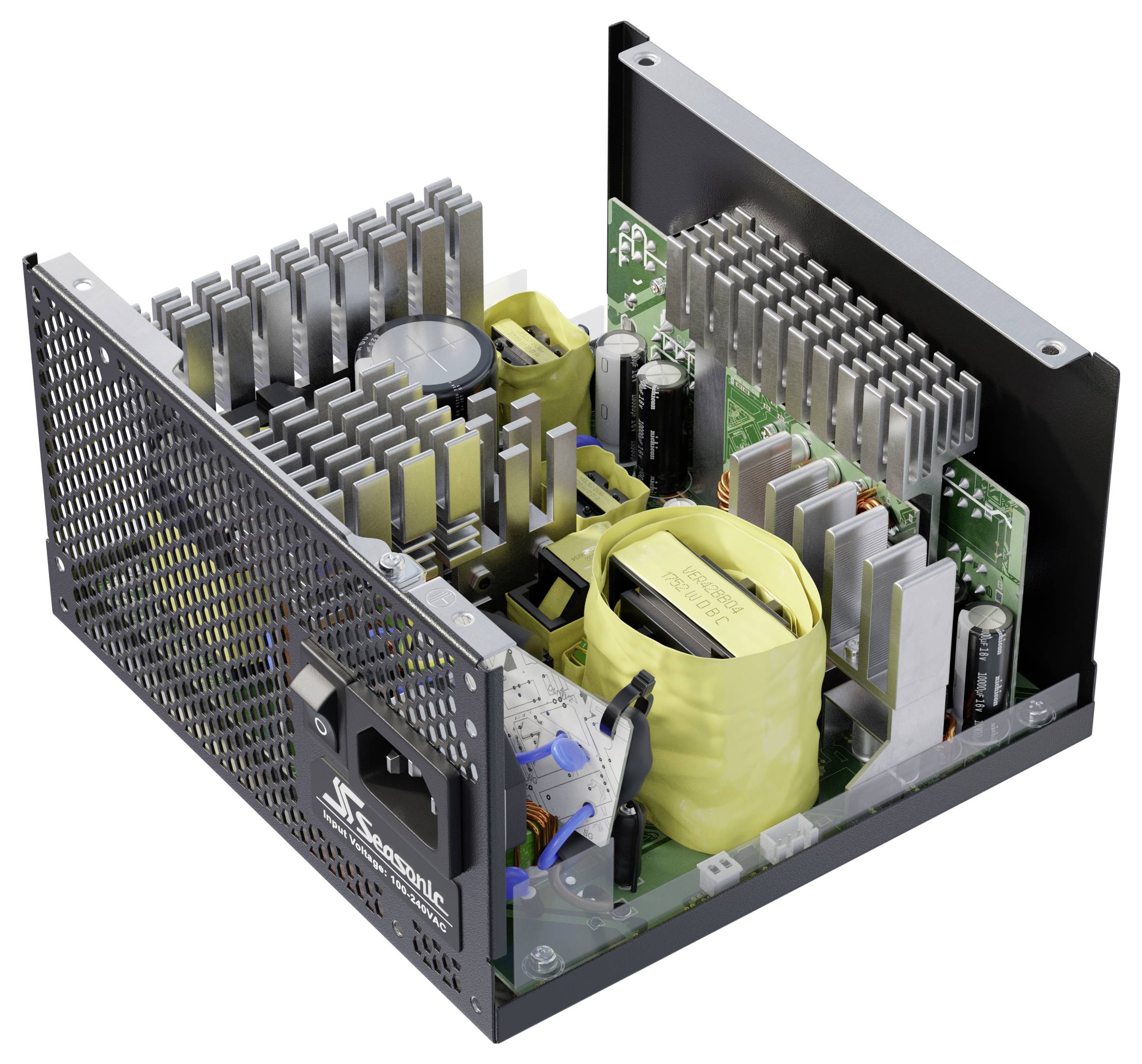 Offene elektronische Stromversorgungseinheit mit Metallgehäuse, sichtbaren Leiterplatten, Kondensatoren, Transformatoren und Kühlkörpern im Inneren.