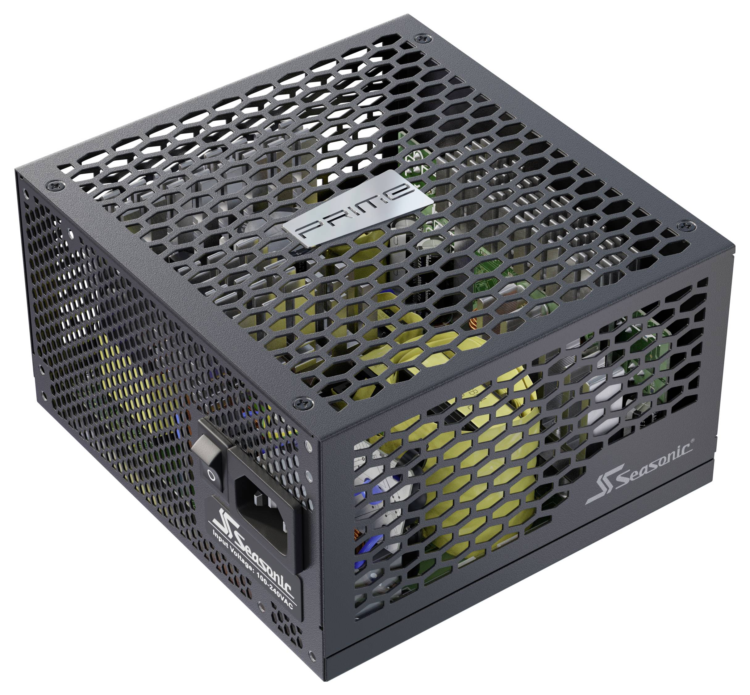 Schwarzes Seasonic-Netzteil mit perforiertem Mesh-Gehäuse, das die Marke „PRIME