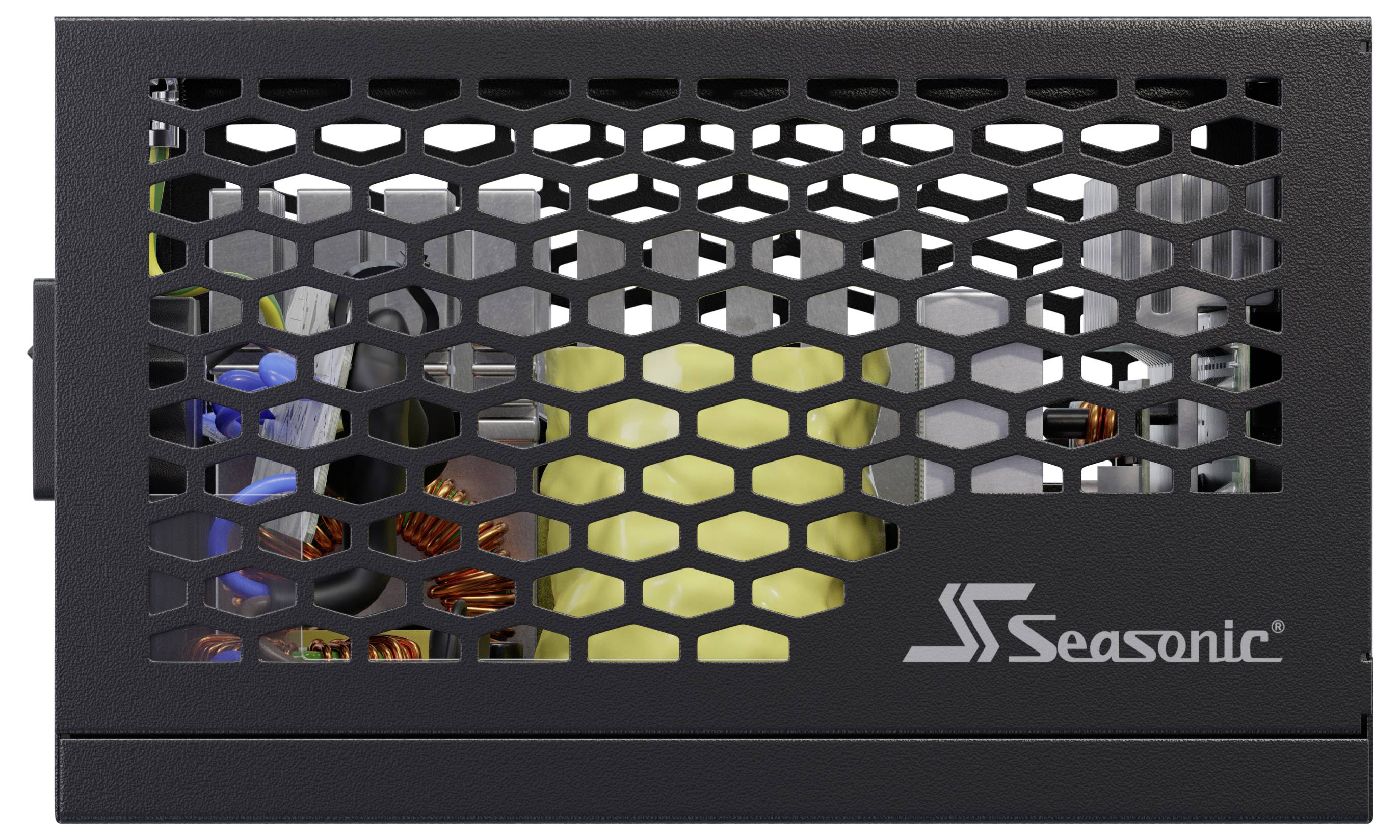 Schwarzes Seasonic-Computernetzteil, das durch ein Wabenbelüftungsgitter zu sehen ist, mit dem Seasonic-Logo auf der rechten Seite.
