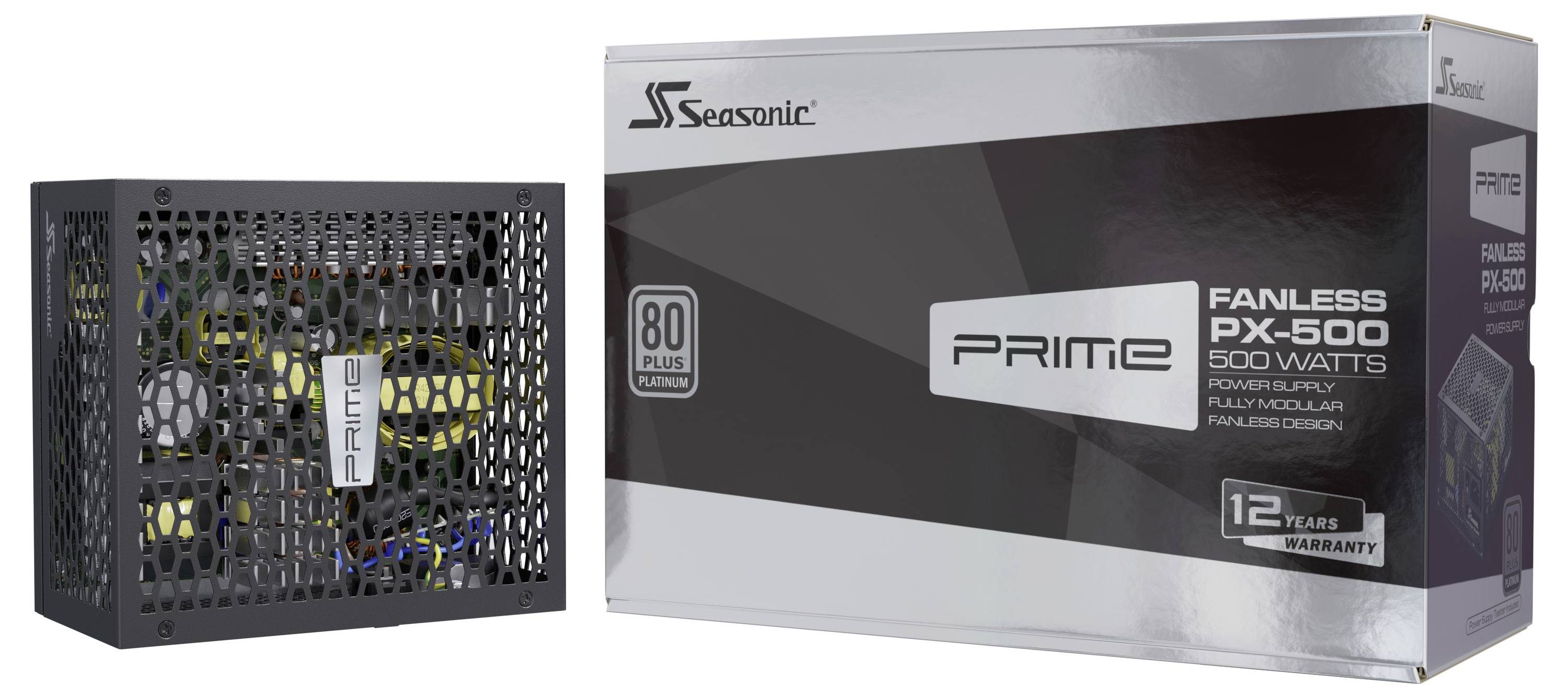 Seasonic PRIME Fanless PX-500 Netzteil neben seiner Einzelhandelsverpackung, mit Beschriftung 500 Watt, 80 Plus Platinum und 12 Jahre Garantie.