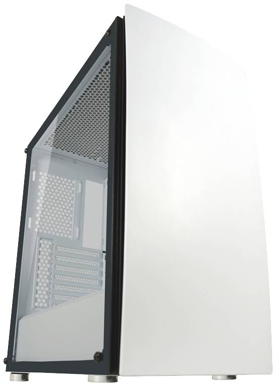 Weißes Computergehäuse mit seitlichem Sichtfenster aus Glas, stehend auf silbernen Standfüßen. Das Gehäuse ist leer und bereit für Komponenten.