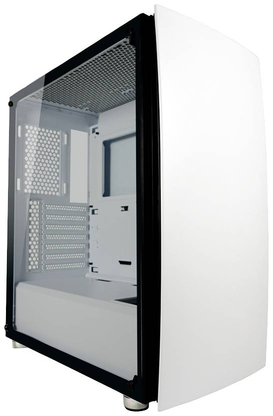 Ein weißer Computergehäuse-Turm mit einem transparenten Seitenpanel, das einen Blick auf das Innere ermöglicht.