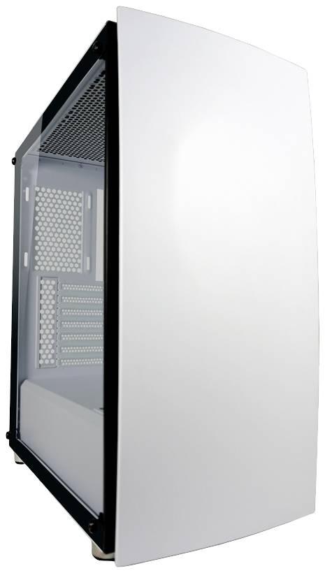 Leeres Computergehäuse in weißer Farbe, seitlich geöffnet, zeigt Innenraum für Komponenteninstallation.