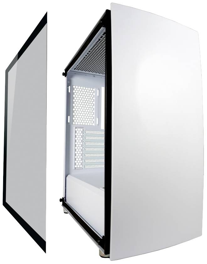 Offenes Computergehäuse mit entfernte Seitenabdeckung, zeigt Innenstruktur und Lüftungsschlitze.