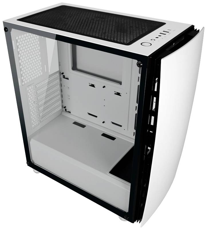 Computergehäuse mit transparentem Seitenteil. Schwarz-weiße Oberfläche, Frontanschlüsse oben. Für Desktop-PCs geeignet.
