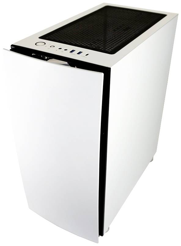 Ein weißes Computergehäuse mit geschlossenem Frontpanel, mehreren Anschlüssen oben und einem Lüftungsgitter auf der Oberseite.