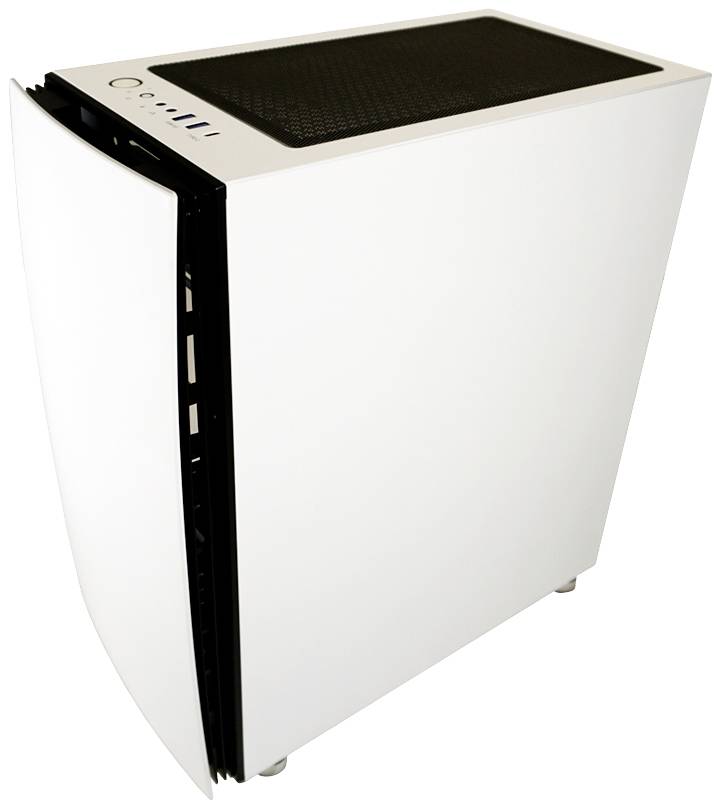 Ein weißes Computergehäuse mit abgerundeten Kanten und schwarzer Gitterabdeckung oben, geeignet für einen leisen PC-Bau.