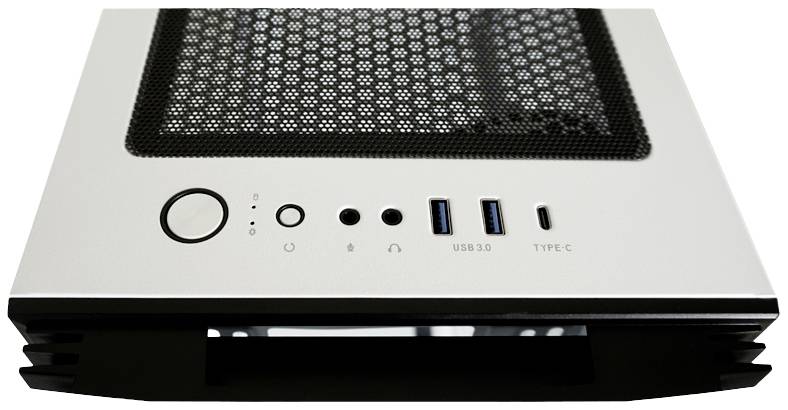 Ein Computergehäuse mit Lüftungsgitter oben, mehreren Anschlüssen und einem Ein/Aus-Schalter an der Vorderseite.