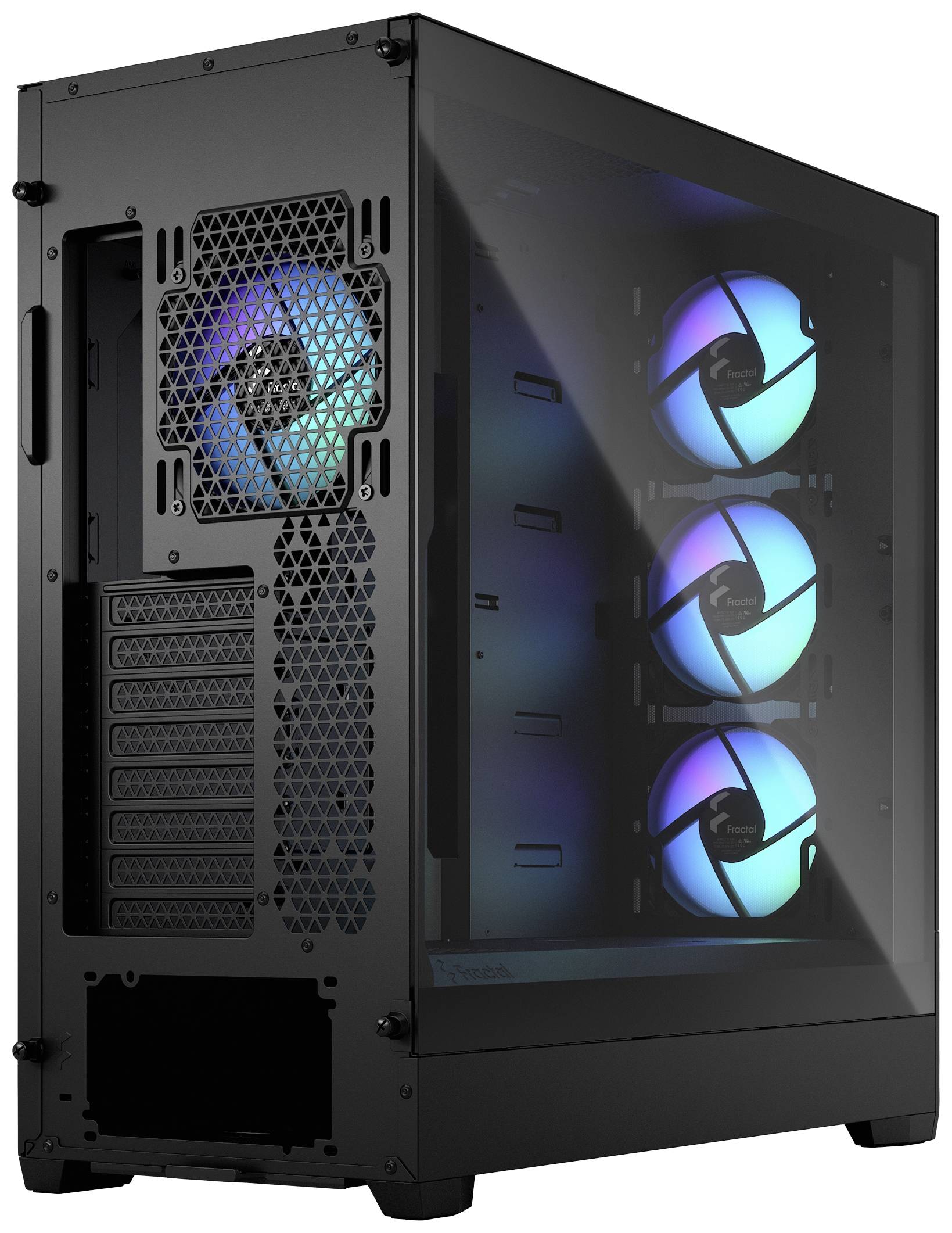 Schwarzes Computergehäuse mit Glasfenster, zeigt innen leuchtende Lüfter mit blauen und violetten Lichtern.