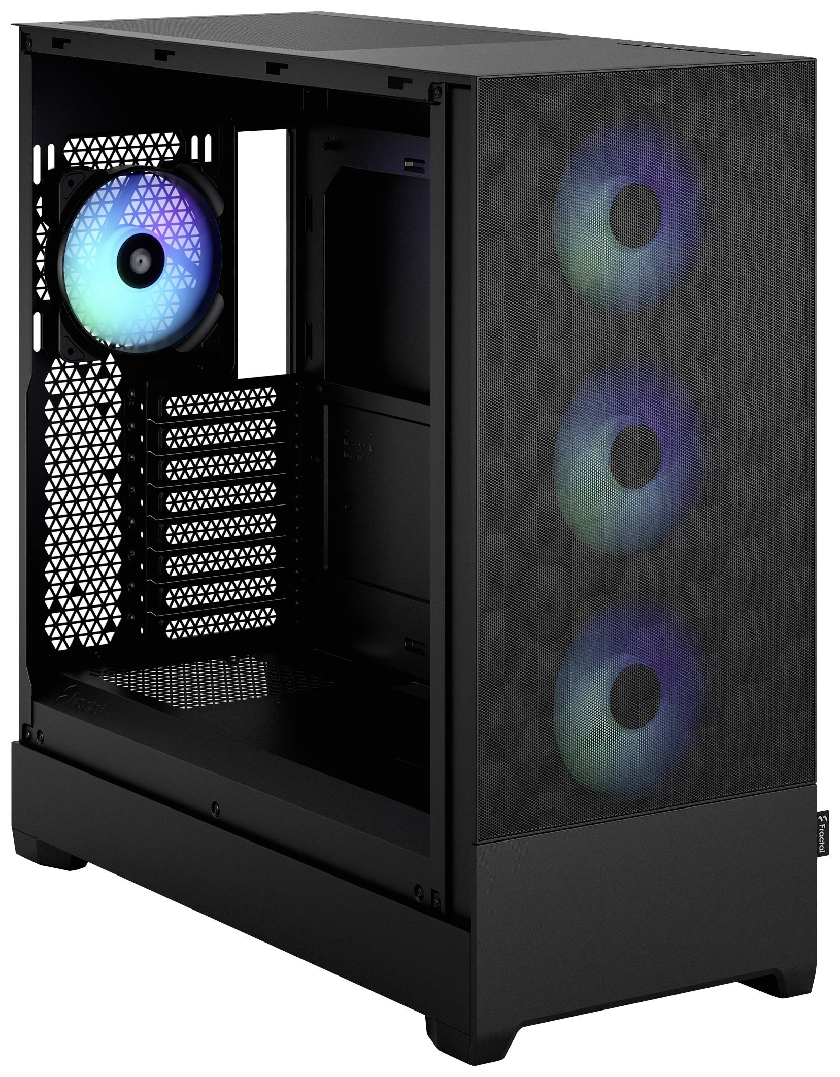 Schwarzes Computergehäuse mit seitlicher Öffnung, drei leuchtende Lüfter an der Vorderseite und ein blau leuchtender Lüfter hinten.