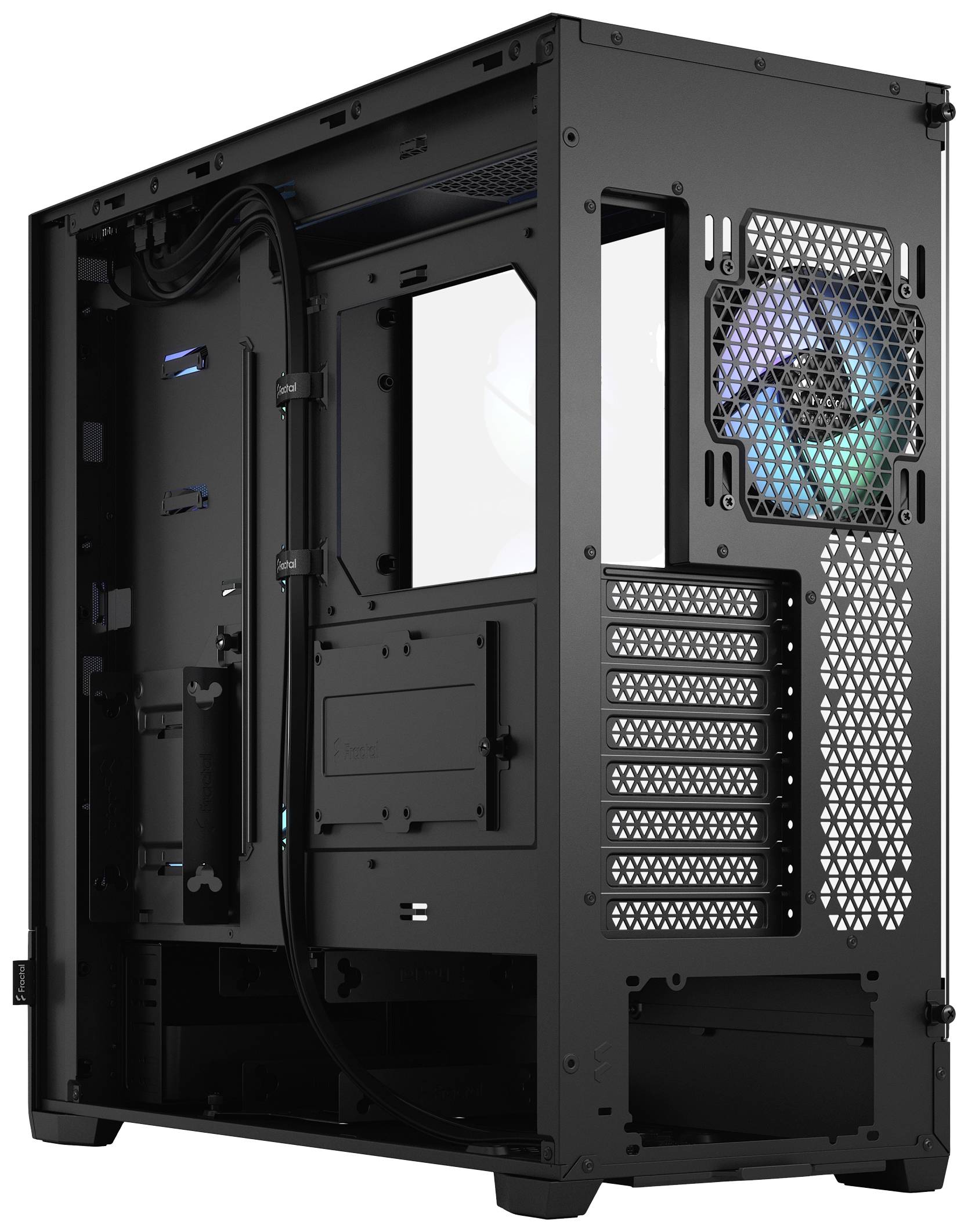 Leeres schwarzes Computergehäuse mit Glasfenster und beleuchtetem Lüfter auf der Rückseite.