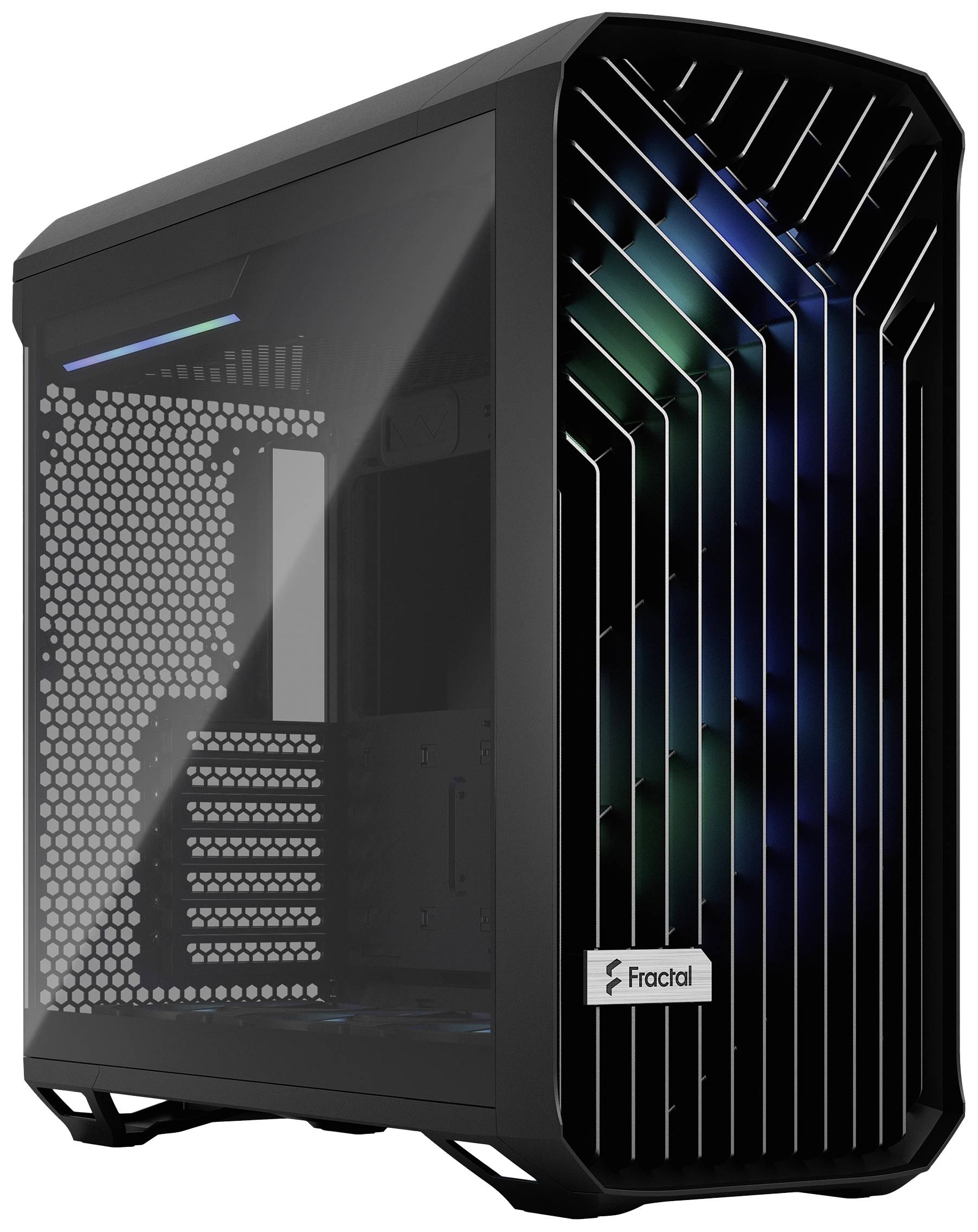 Ein schwarzes Computergehäuse mit transparentem Seitenfenster und markanter, gerippter Frontblende, das den Blick auf LED-Lichter im Inneren freigibt.