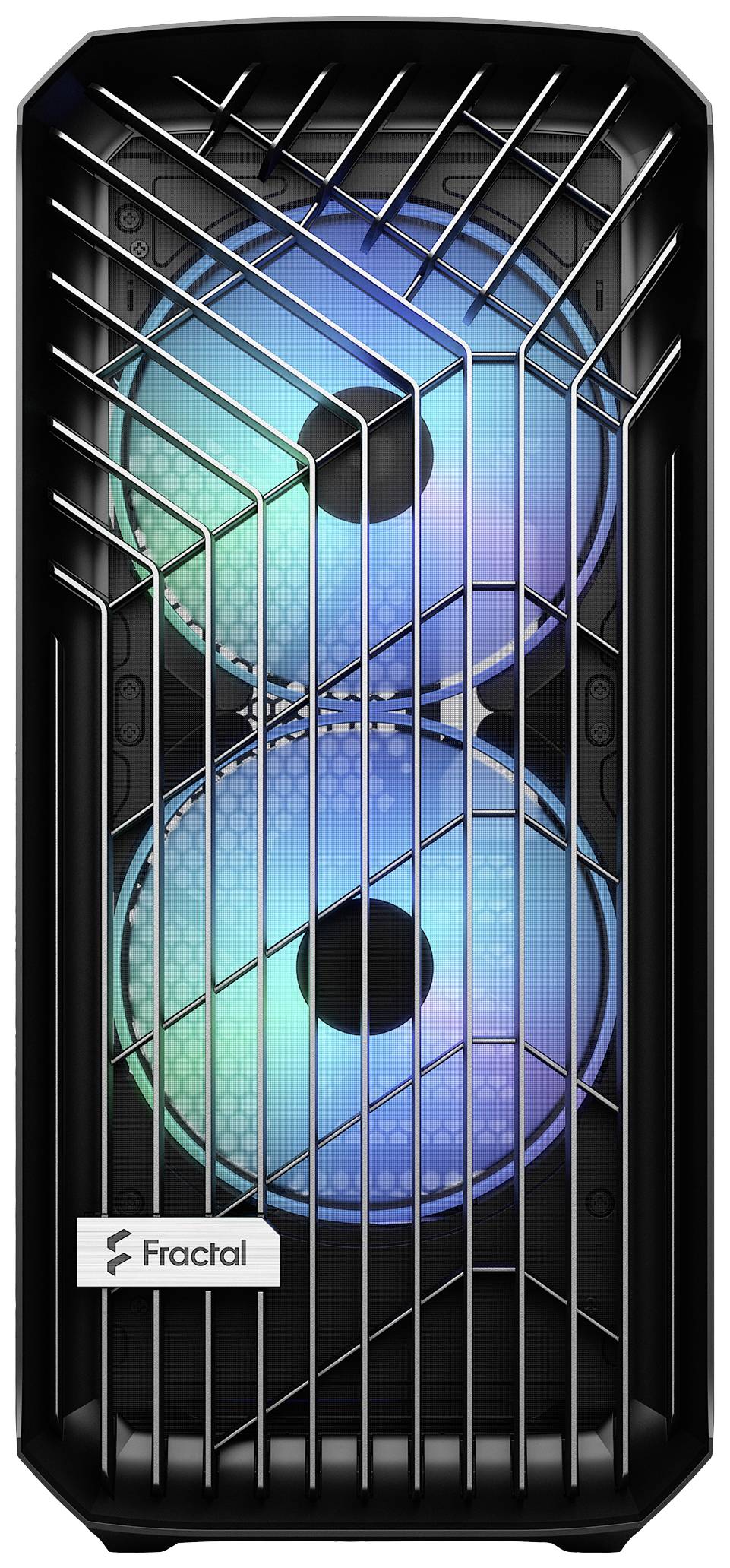 Ein schwarzes Computergehäuse von Fractal mit zwei großen, leuchtenden RGB-Lüftern an der Vorderseite, die durch Metallgitter geschützt sind.