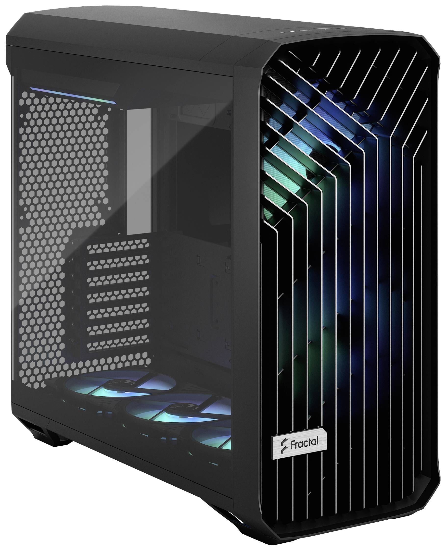 Rechnergehäuse mit beleuchteten Lüftern und Gitterdesign. Das Gehäuse ist schwarz mit Markenlogo auf der Vorderseite.