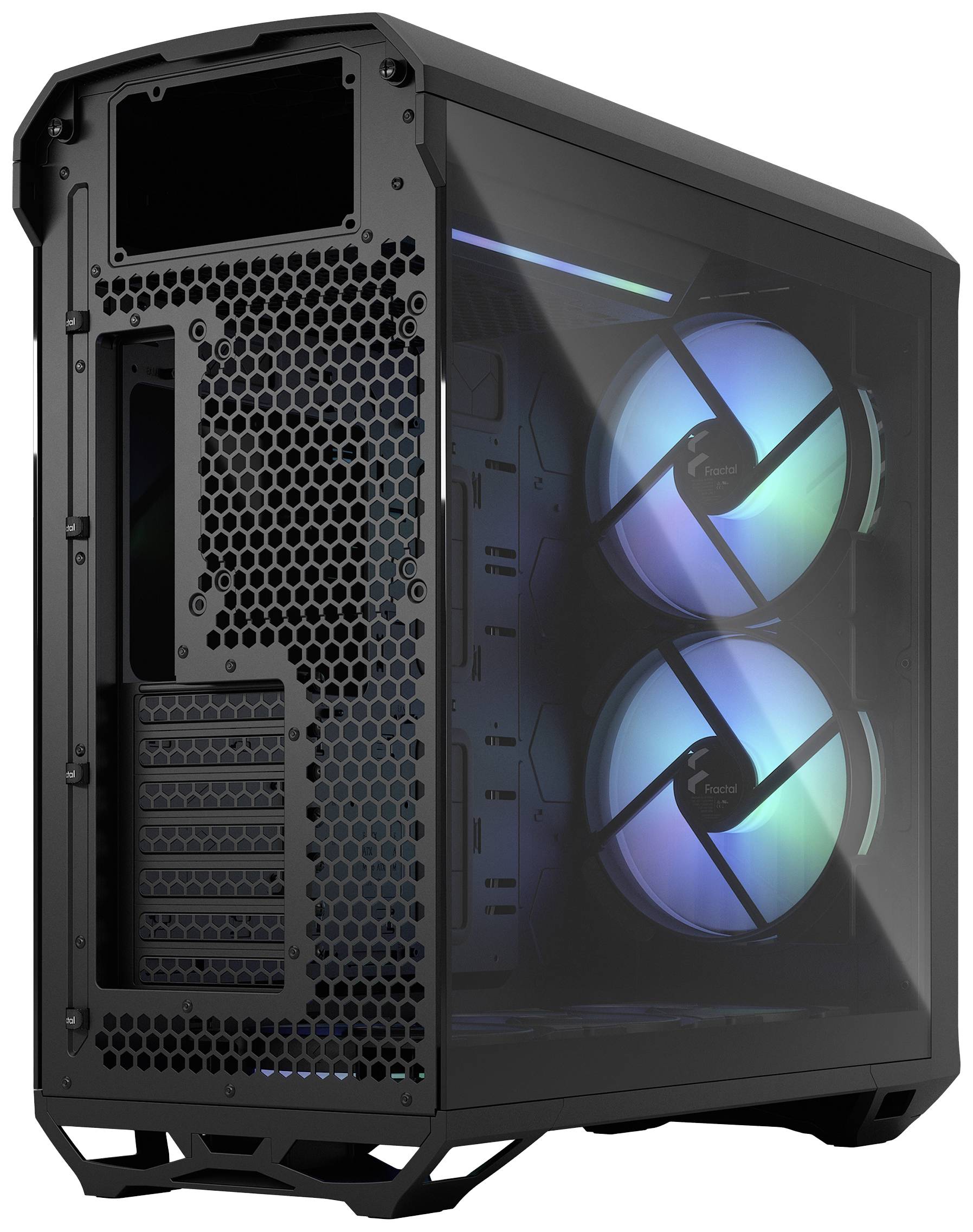 Schwarzes Computergehäuse mit zwei Lüftern an der Seite. Lüfter leuchten in verschiedenen Farben. Rückseite ist sichtbar.